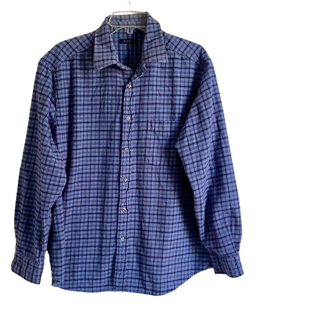 Club Room Blue Plaid Flannel Button Down Shirt Men's Large